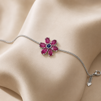 Fuchsia Bloom Pink Stone Floral Adjustable Silver Bracelet.