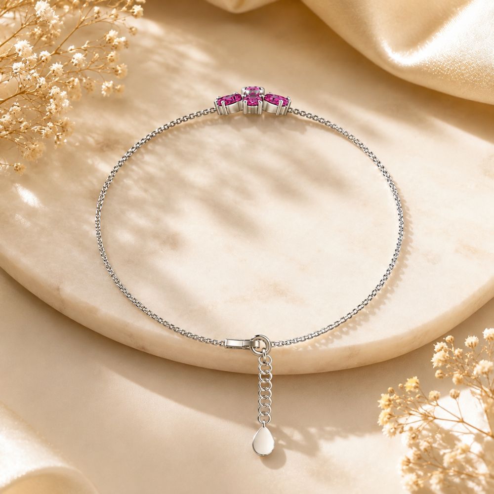 Fuchsia Bloom Pink Stone Floral Adjustable Silver Bracelet.