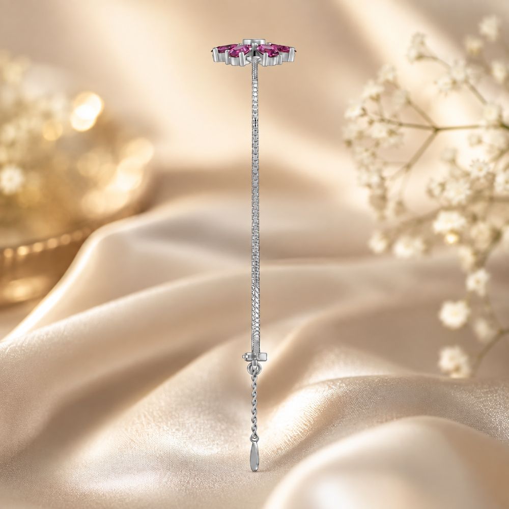 Fuchsia Bloom Pink Stone Floral Adjustable Silver Bracelet.