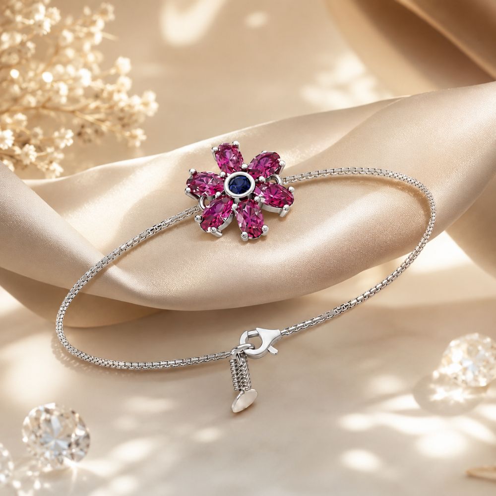 Fuchsia Bloom Pink Stone Floral Adjustable Silver Bracelet.