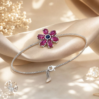 Fuchsia Bloom Pink Stone Floral Adjustable Silver Bracelet.