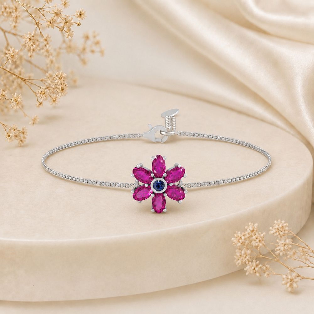 Fuchsia Bloom Pink Stone Floral Adjustable Silver Bracelet.