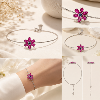 Fuchsia Bloom Pink Stone Floral Adjustable Silver Bracelet.