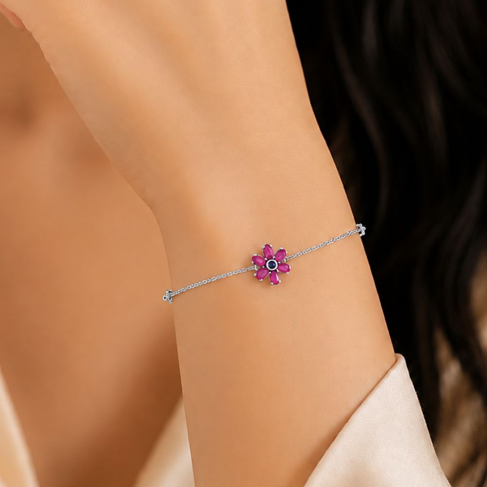 Fuchsia Bloom Pink Stone Floral Adjustable Silver Bracelet.