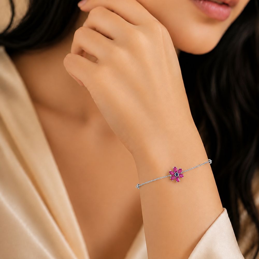 Fuchsia Bloom Pink Stone Floral Adjustable Silver Bracelet.
