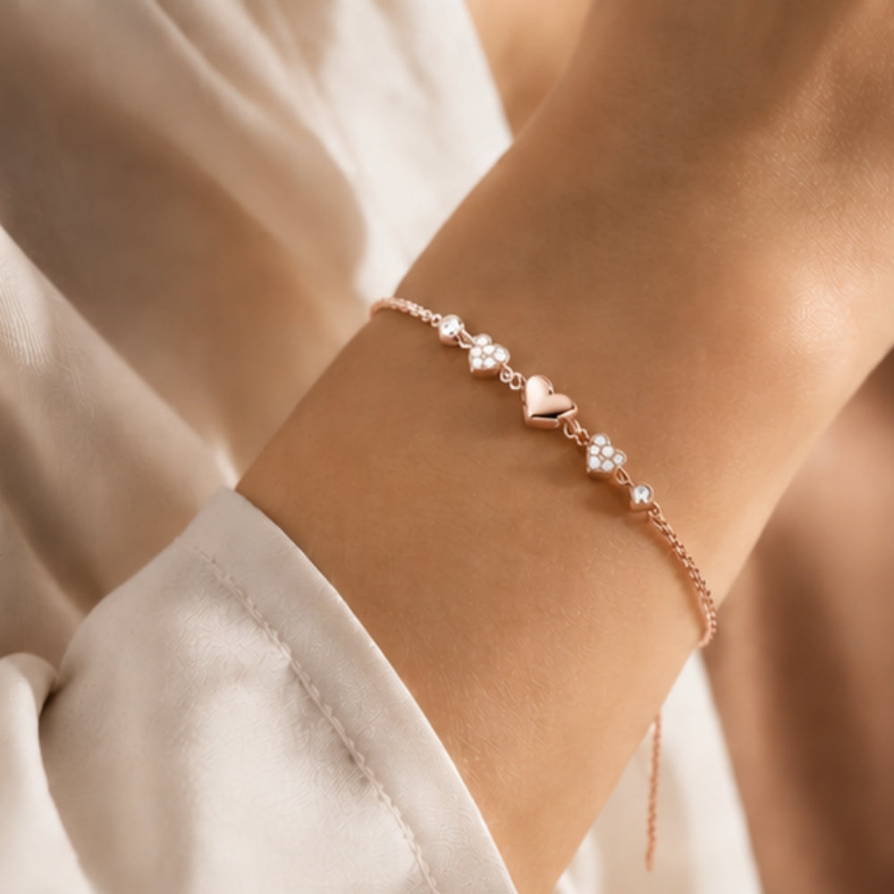 Heartfelt Trio Rose Gold Plated 925 Sterling Silver Bracelet