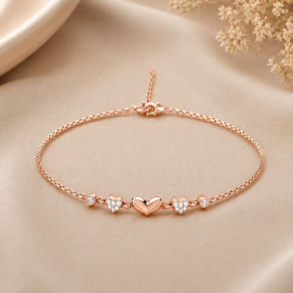 Heartfelt Trio Rose Gold Plated 925 Sterling Silver Bracelet