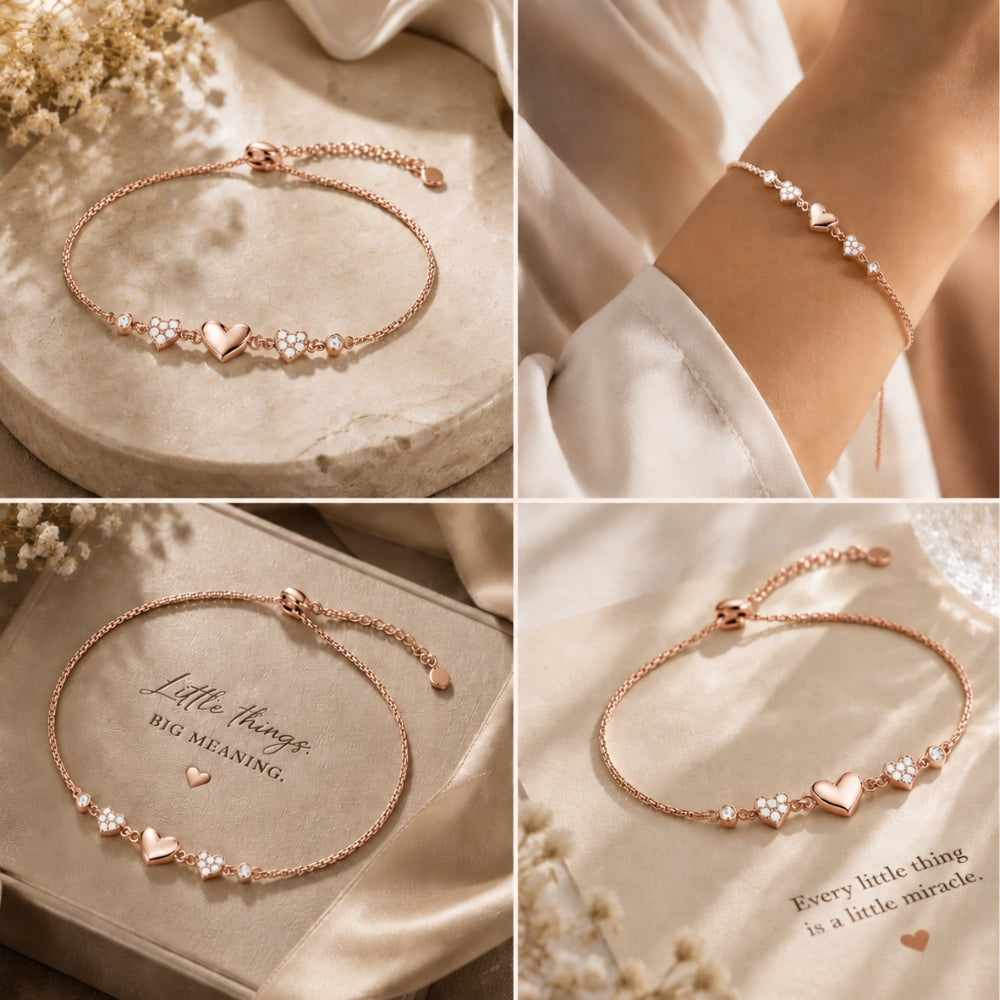 Heartfelt Trio Rose Gold Plated 925 Sterling Silver Bracelet