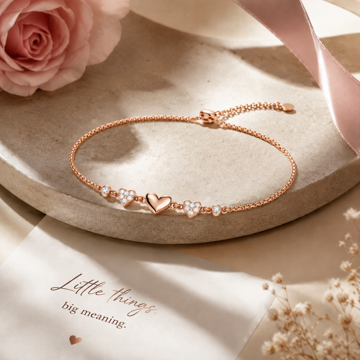 Heartfelt Trio Rose Gold Plated 925 Sterling Silver Bracelet