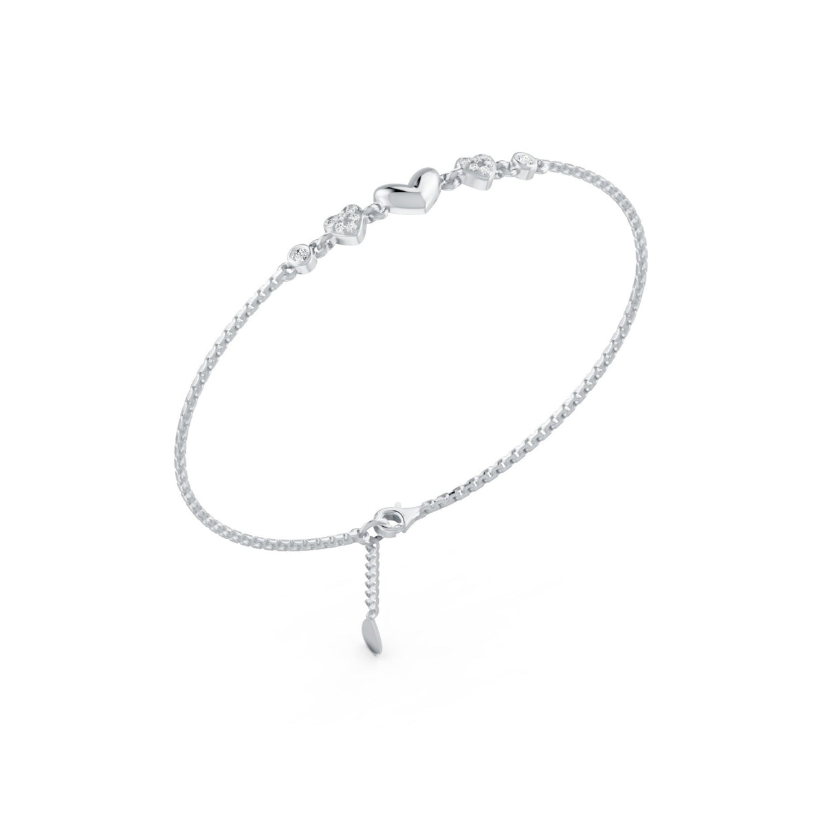 Heartfelt Trio Pure Rhodium Plated 925 Sterling Silver Bracelet