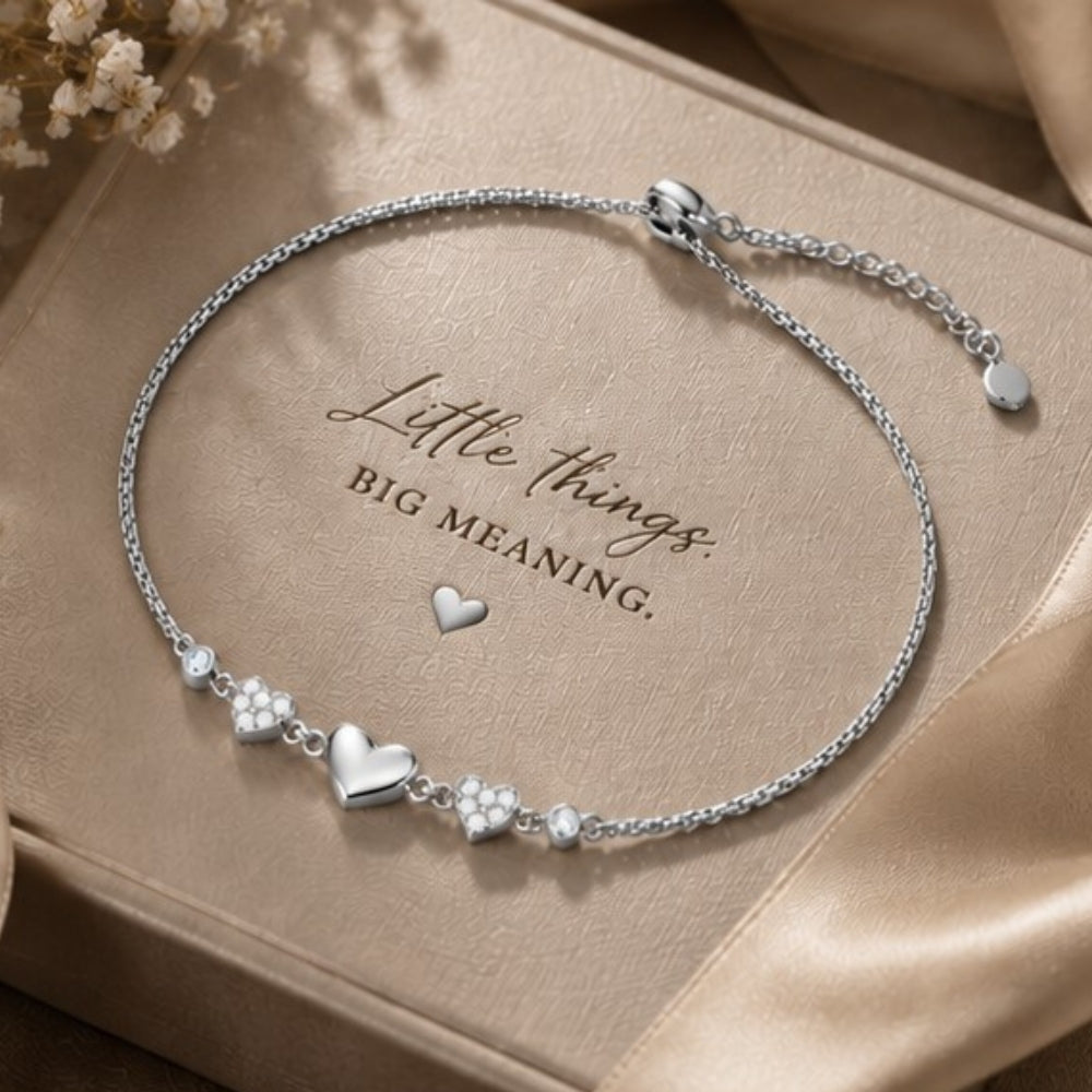 Heartfelt Trio Pure Rhodium Plated 925 Sterling Silver Bracelet