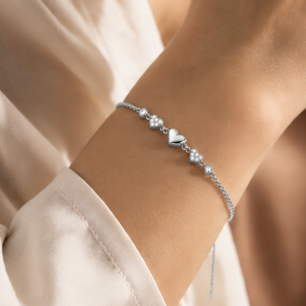 Heartfelt Trio Pure Rhodium Plated 925 Sterling Silver Bracelet