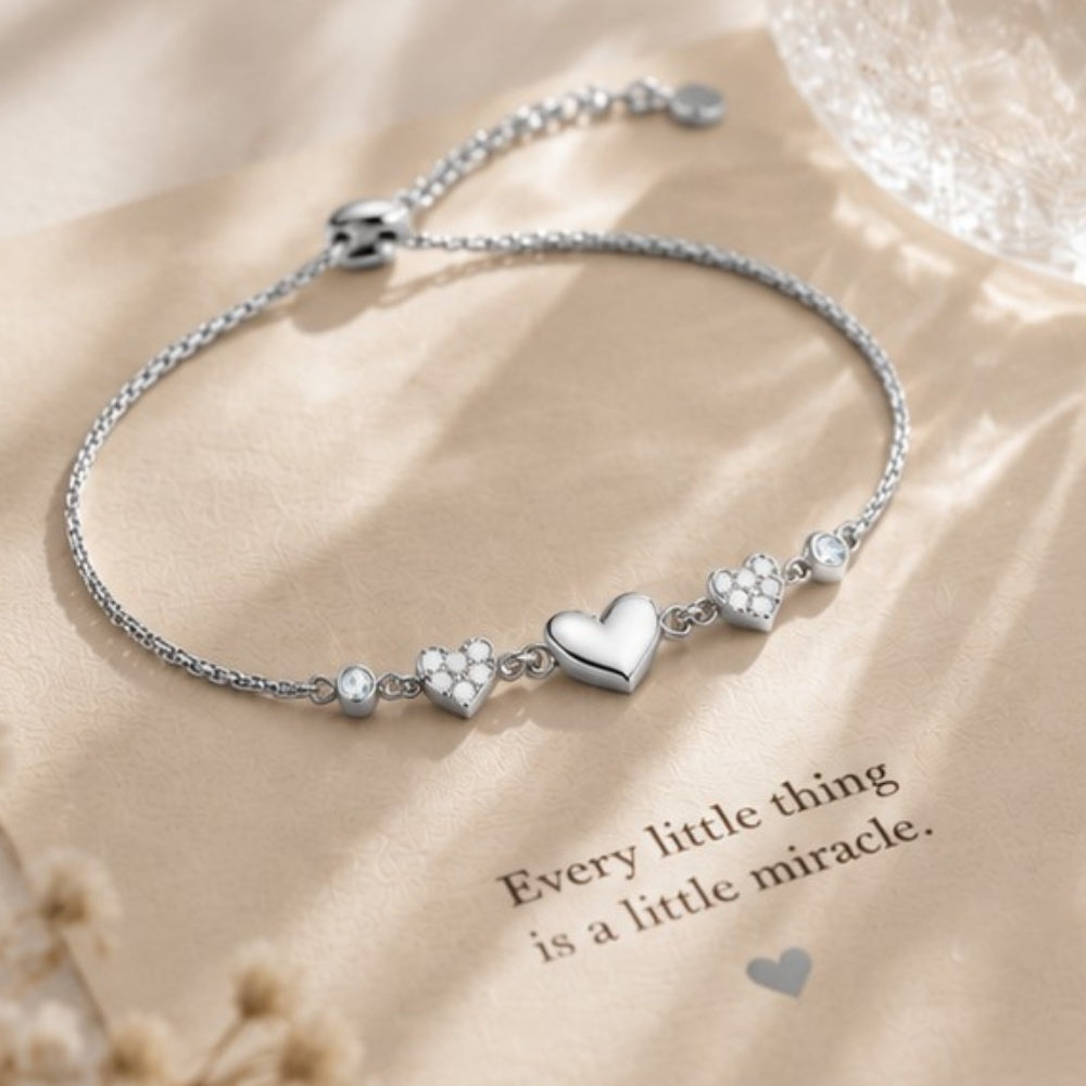 Heartfelt Trio Pure Rhodium Plated 925 Sterling Silver Bracelet