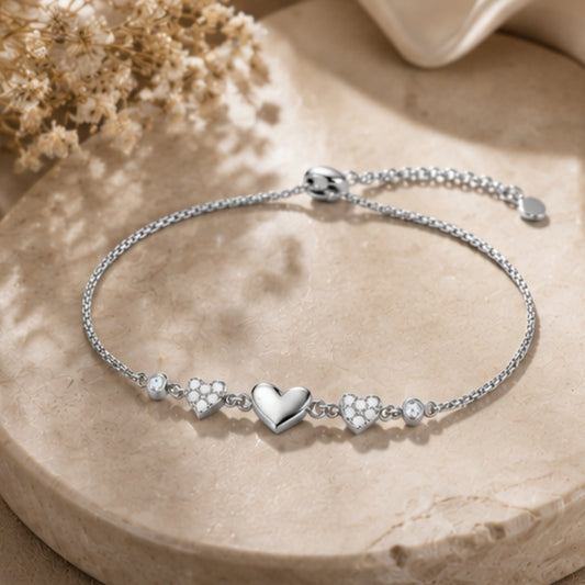 Heartfelt Trio Pure Rhodium Plated 925 Sterling Silver Bracelet