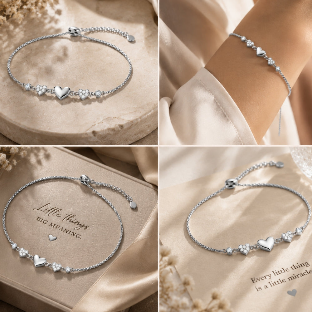 Heartfelt Trio Pure Rhodium Plated 925 Sterling Silver Bracelet