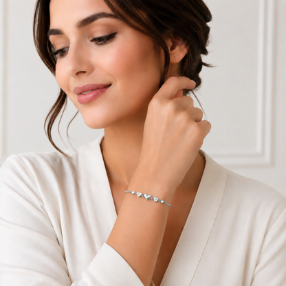Heartfelt Trio Pure Rhodium Plated 925 Sterling Silver Bracelet