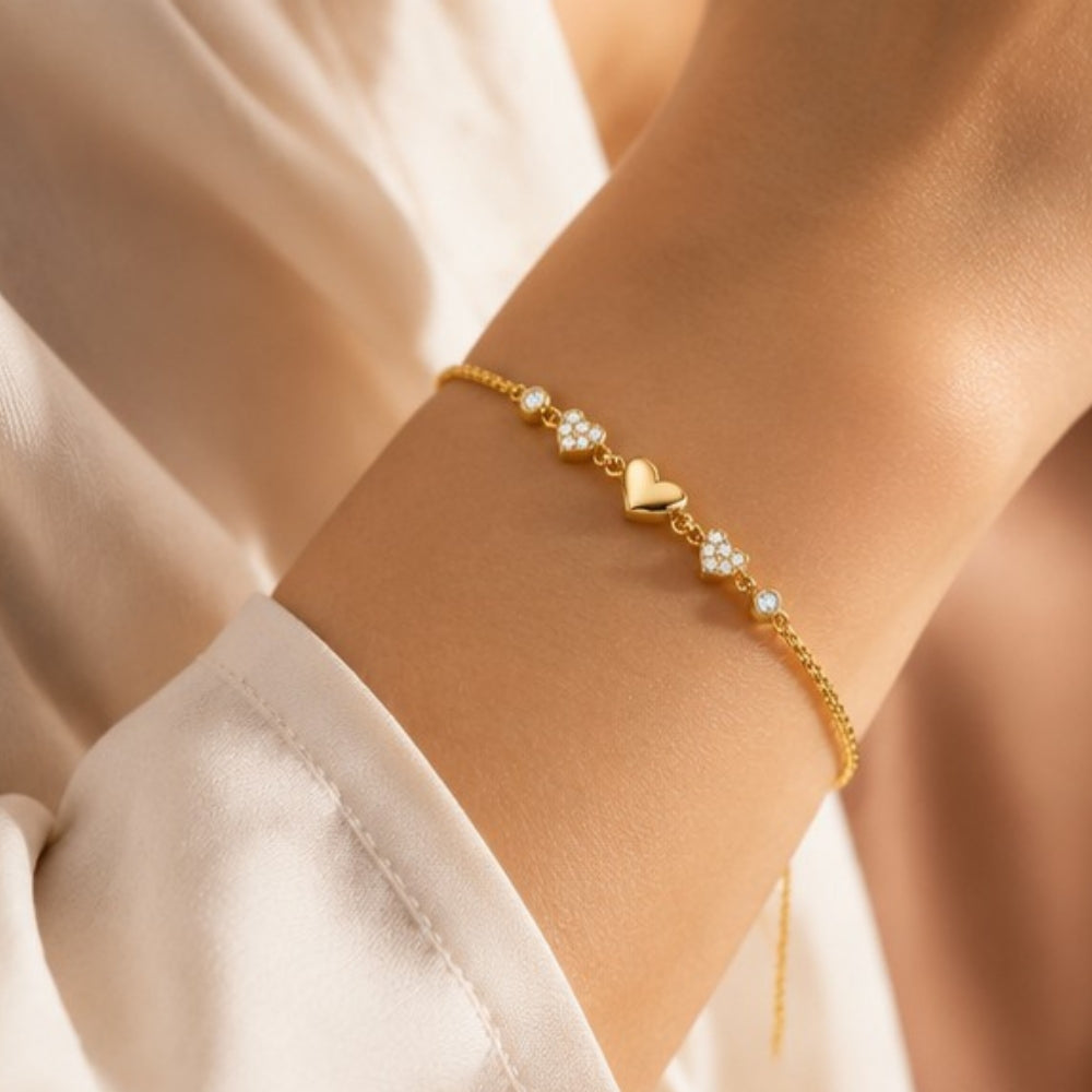 Heartfelt Trio Gold Plated 925 Sterling Silver Bracelet