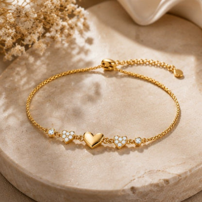 Heartfelt Trio Gold Plated 925 Sterling Silver Bracelet