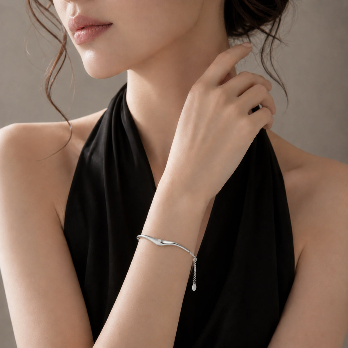 Serene Wave Rhodium Plated 925 Sterling Silver Bracelet