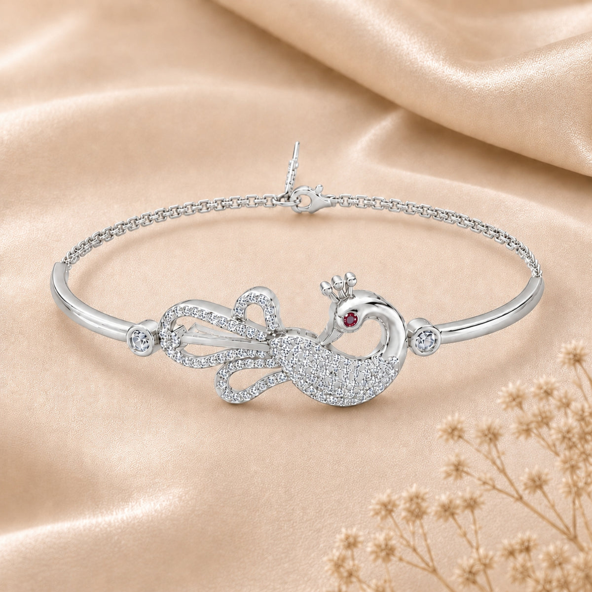 Mayura Grace Pure Rhodium 925 Sterling Silver Peacock Bracelet