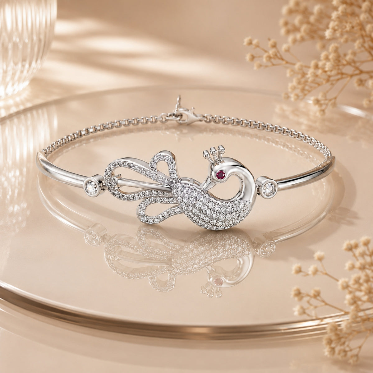 Mayura Grace Pure Rhodium 925 Sterling Silver Peacock Bracelet
