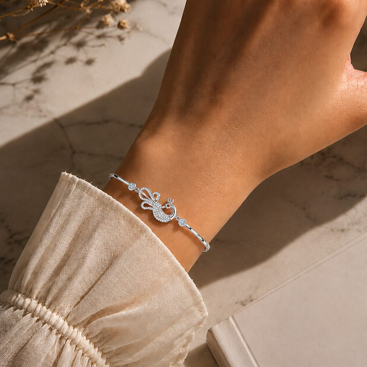Mayura Grace Pure Rhodium 925 Sterling Silver Peacock Bracelet