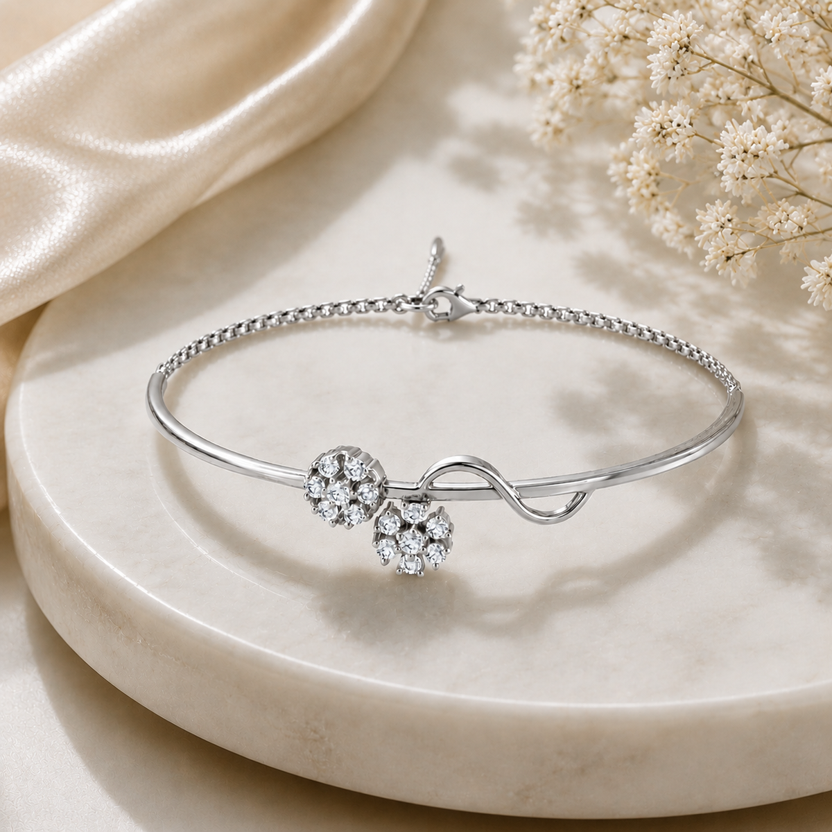 Blossom Duet Rhodium Plated 925 Sterling Silver Bracelet
