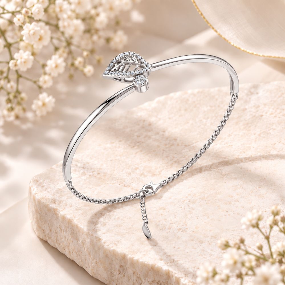 Whispering Leaf Rhodium Plated 925 Sterling Silver Bracelet