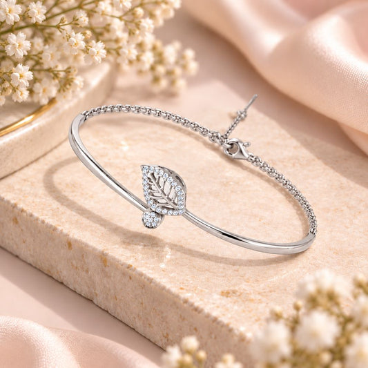 Whispering Leaf Rhodium Plated 925 Sterling Silver Bracelet