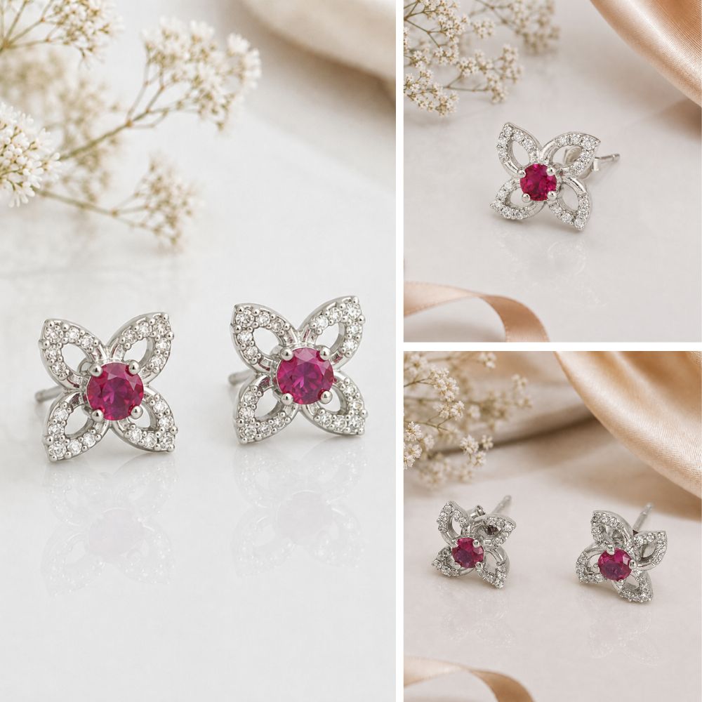 Ruby Crystal Silver Stud Earrings