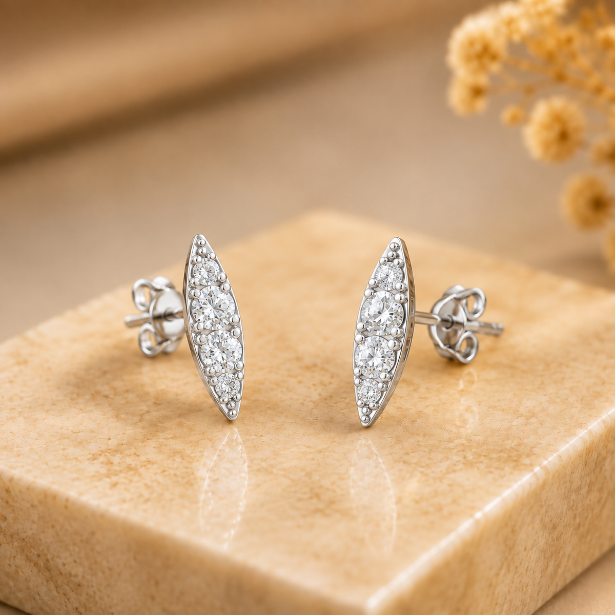 Silver Long Leaf Design Stone Stud Earrings