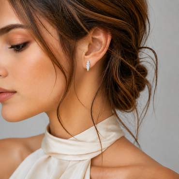 Silver Long Leaf Design Stone Stud Earrings