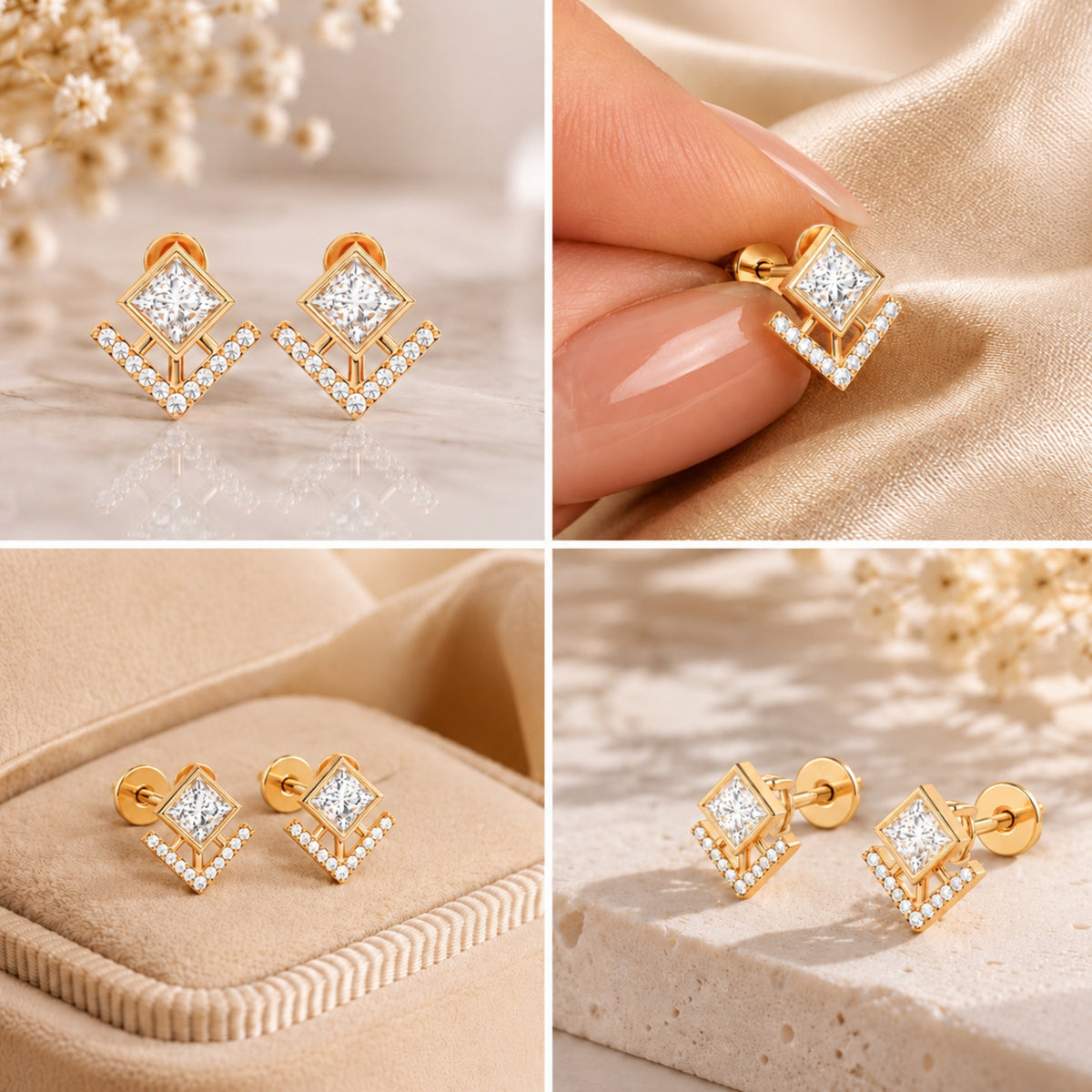 Veyra Geometric Diamond Gold Plated 925 sterling silver Stud