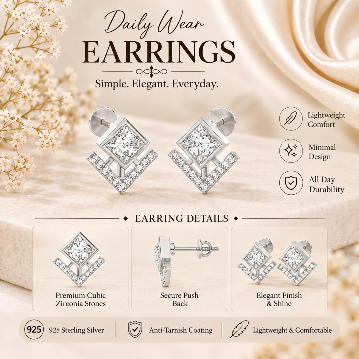 Veyra Geometric Diamond Rhodium Plated 925 sterling silver Stud