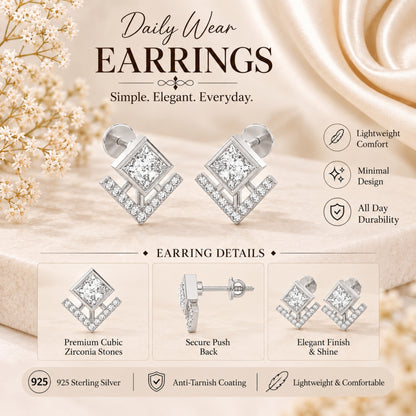 Veyra Geometric Diamond Rhodium Plated 925 sterling silver Stud