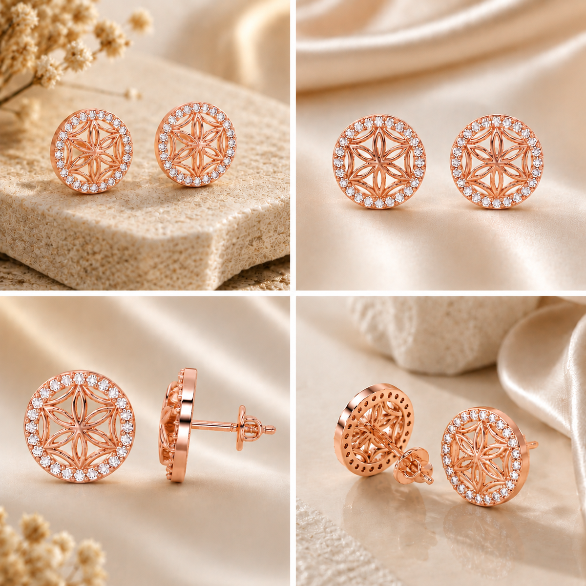 Graceful Floral Design Sparkling Rose gold Plated 925 sterling silver Stud Earrings