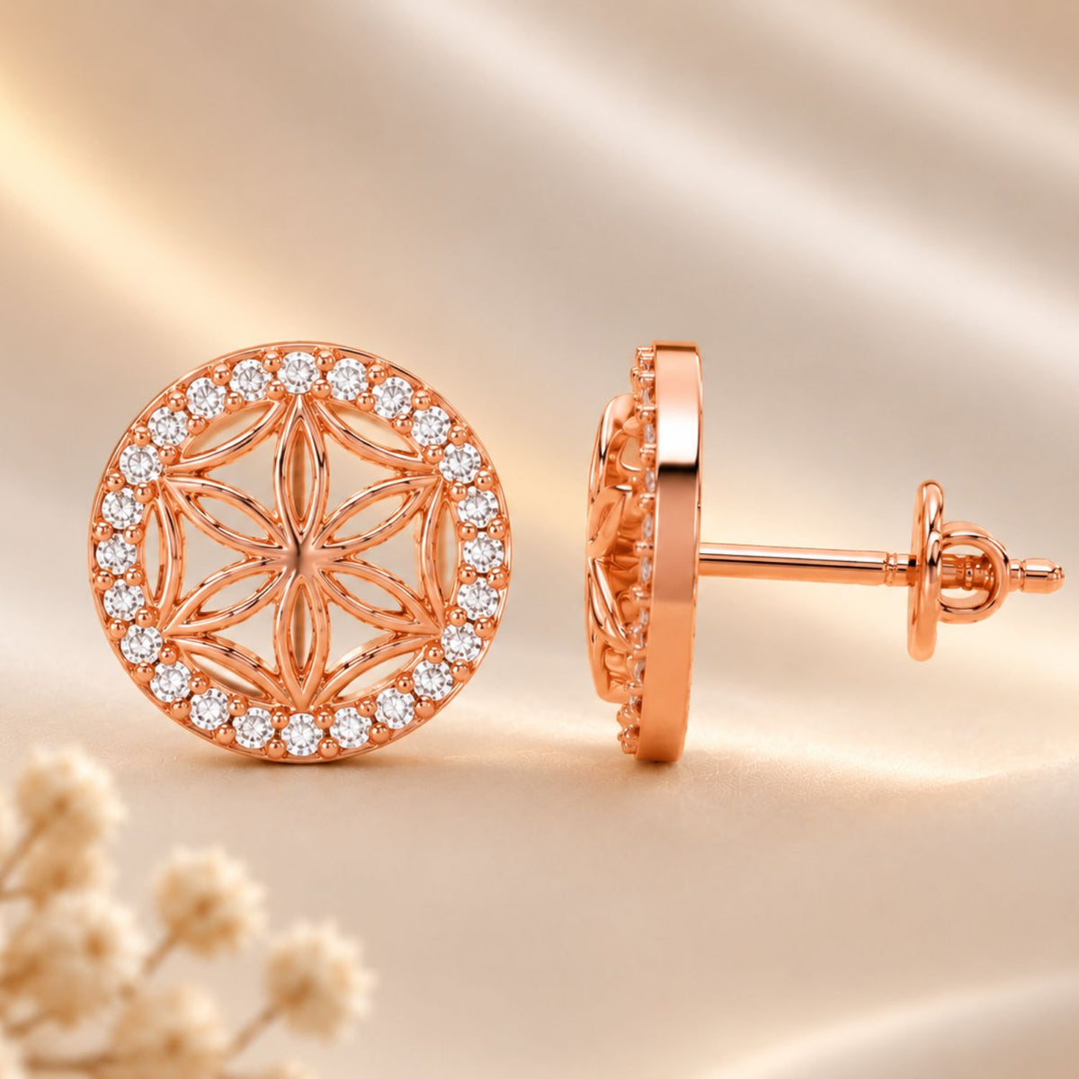 Graceful Floral Design Sparkling Rose gold Plated 925 sterling silver Stud Earrings