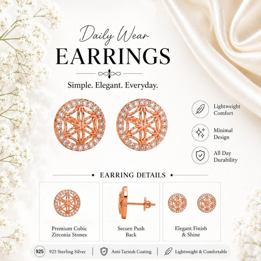 Graceful Floral Design Sparkling Rose gold Plated 925 sterling silver Stud Earrings