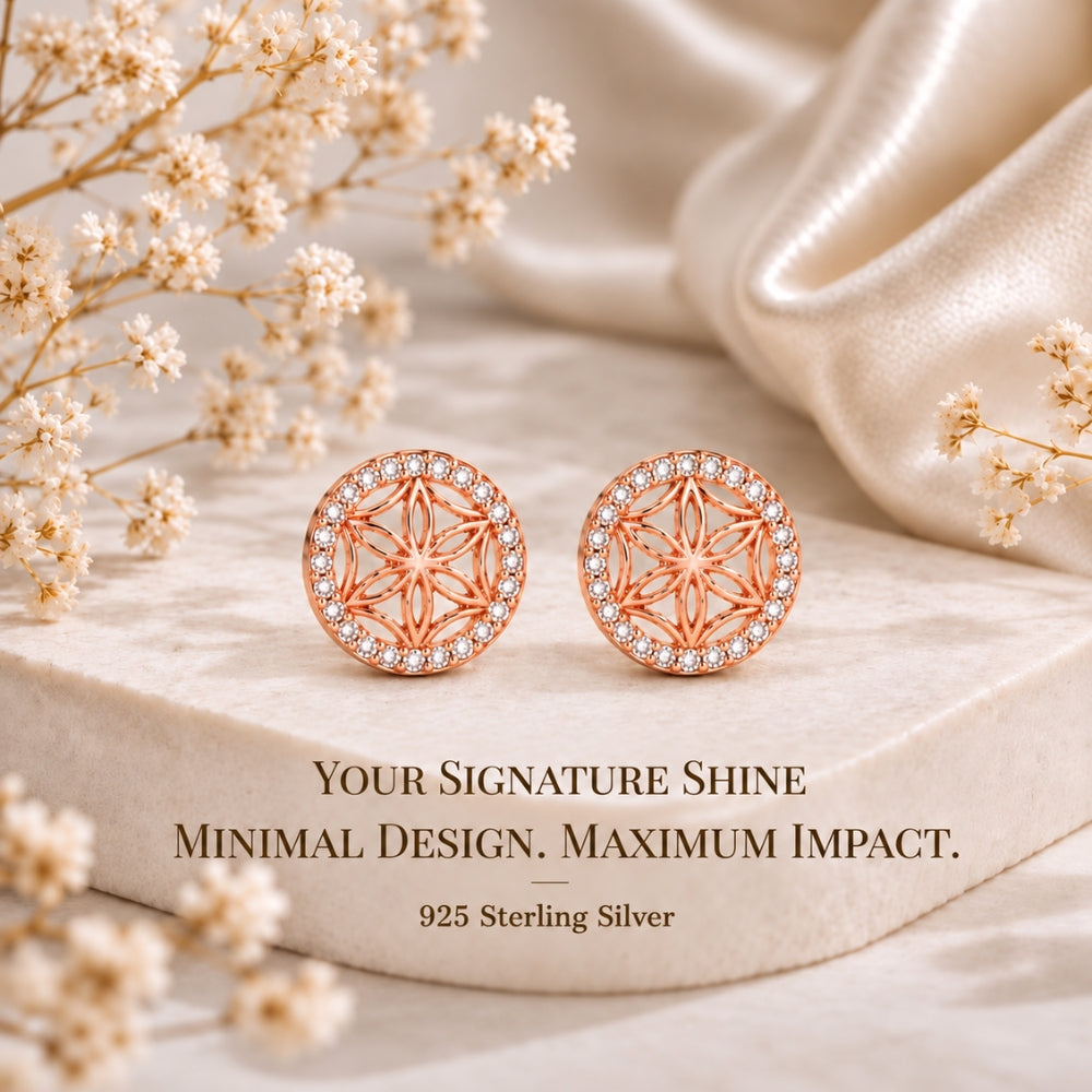 Graceful Floral Design Sparkling Rose gold Plated 925 sterling silver Stud Earrings