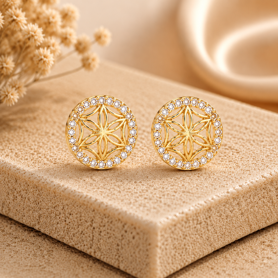 Graceful Floral Design Sparkling Gold Plated 925 sterling silver Stud Earrings