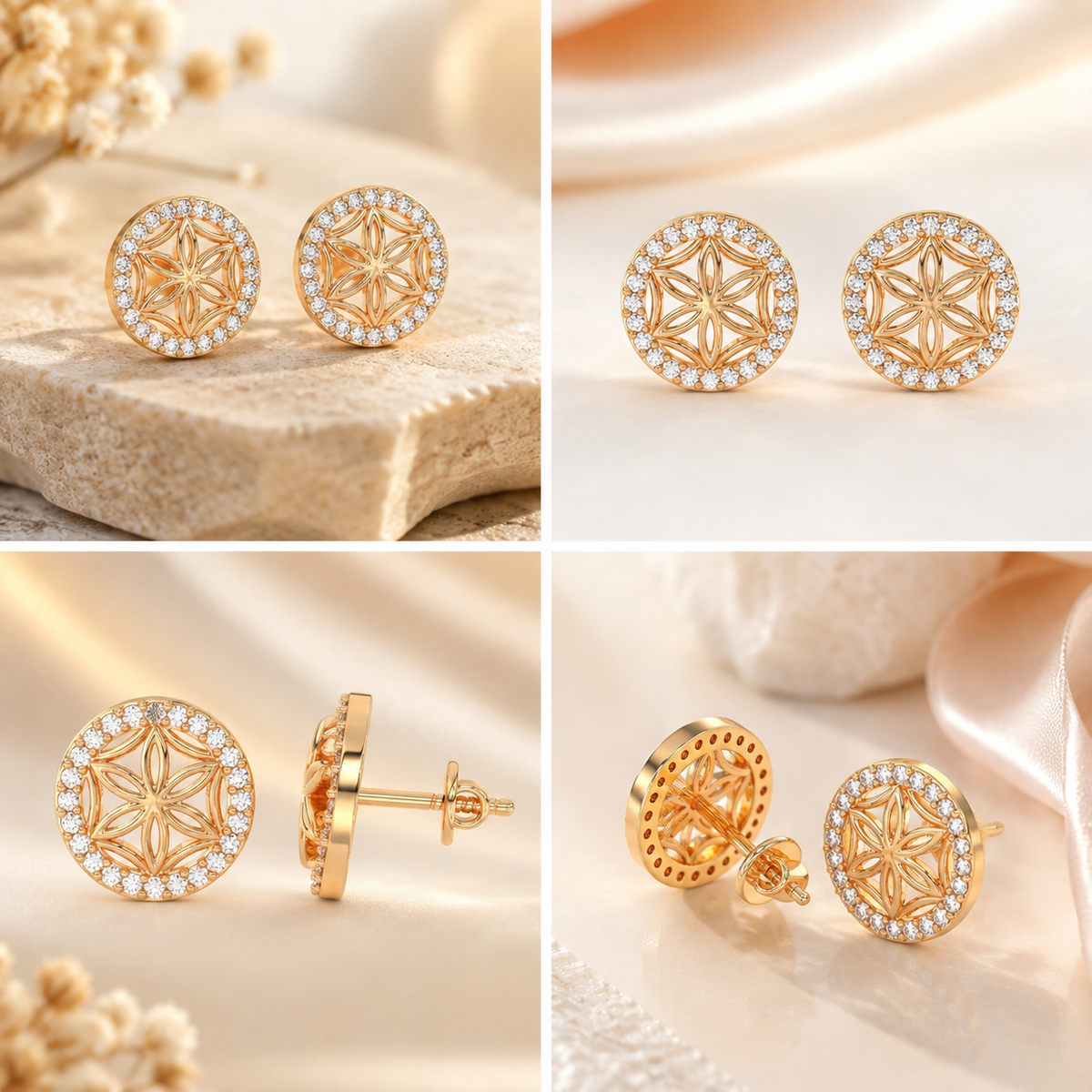 Graceful Floral Design Sparkling Gold Plated 925 sterling silver Stud Earrings