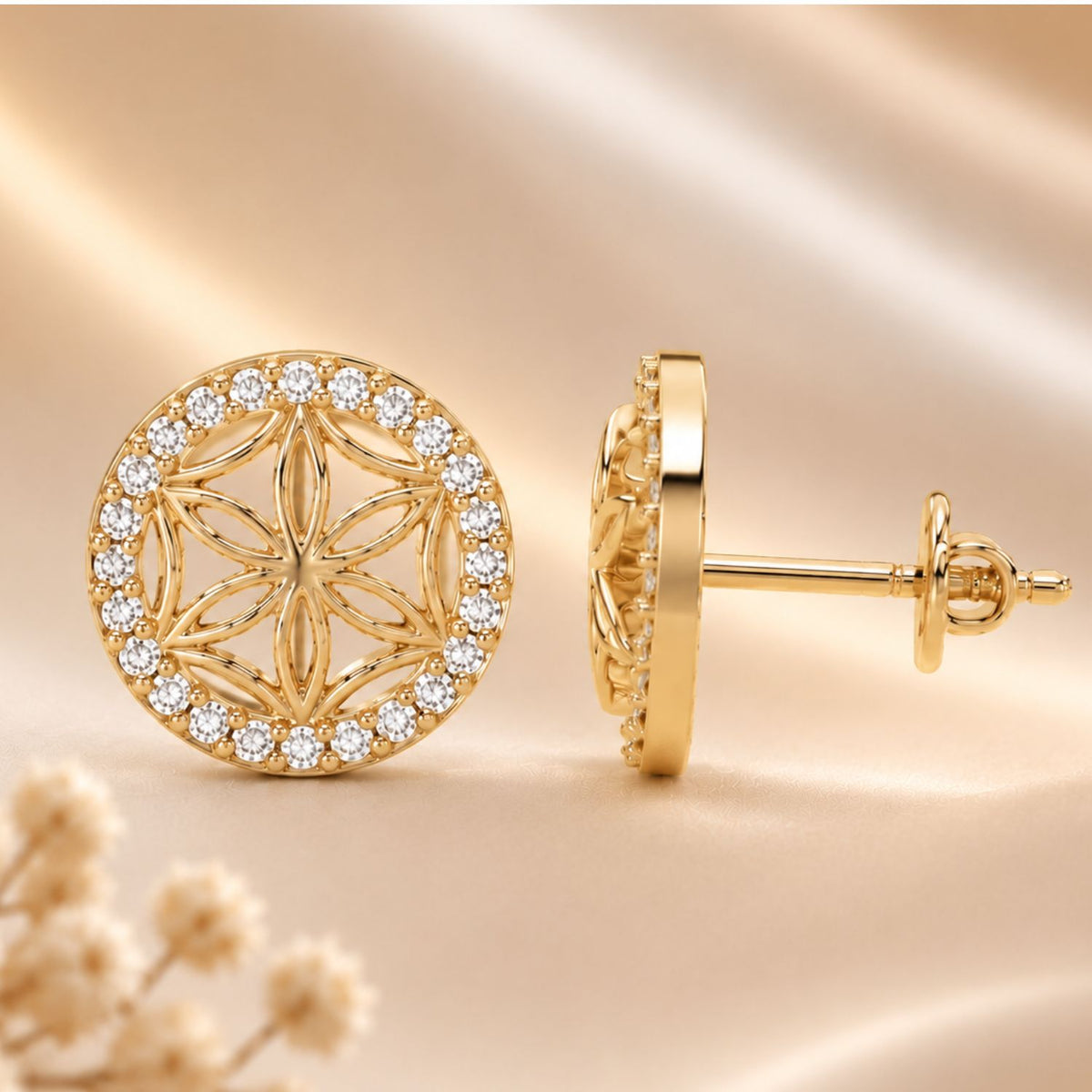Graceful Floral Design Sparkling Gold Plated 925 sterling silver Stud Earrings