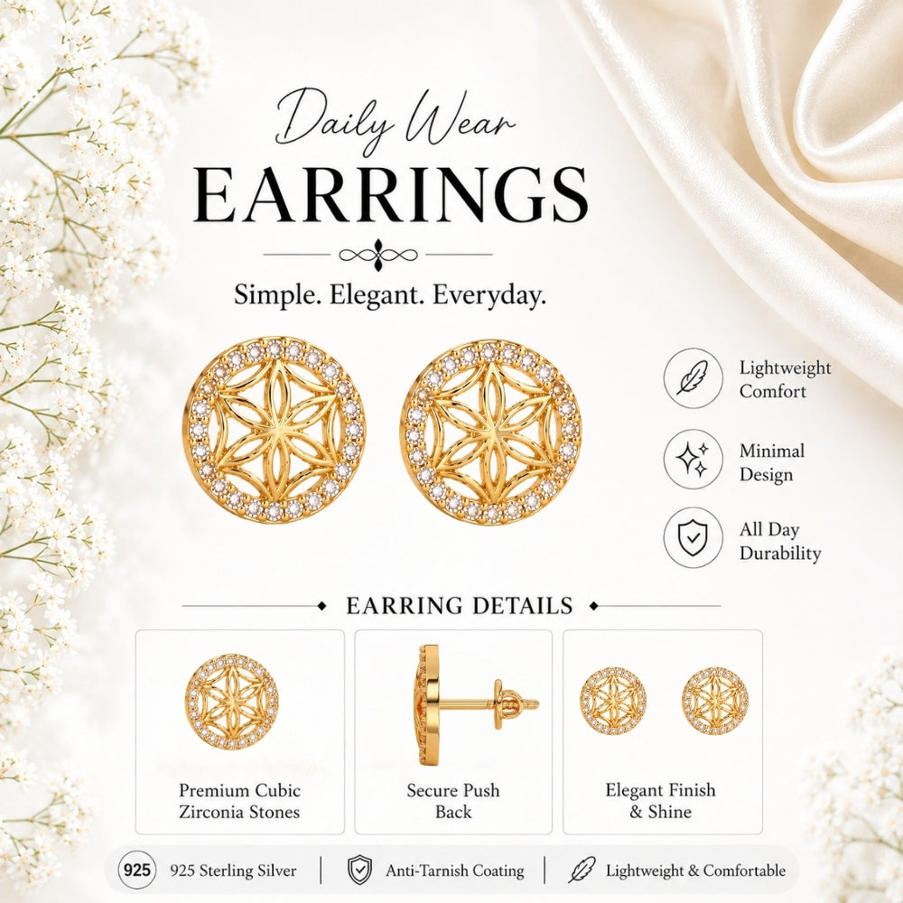 Graceful Floral Design Sparkling Gold Plated 925 sterling silver Stud Earrings