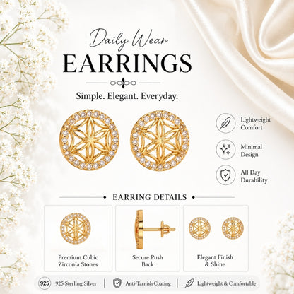 Graceful Floral Design Sparkling Gold Plated 925 sterling silver Stud Earrings