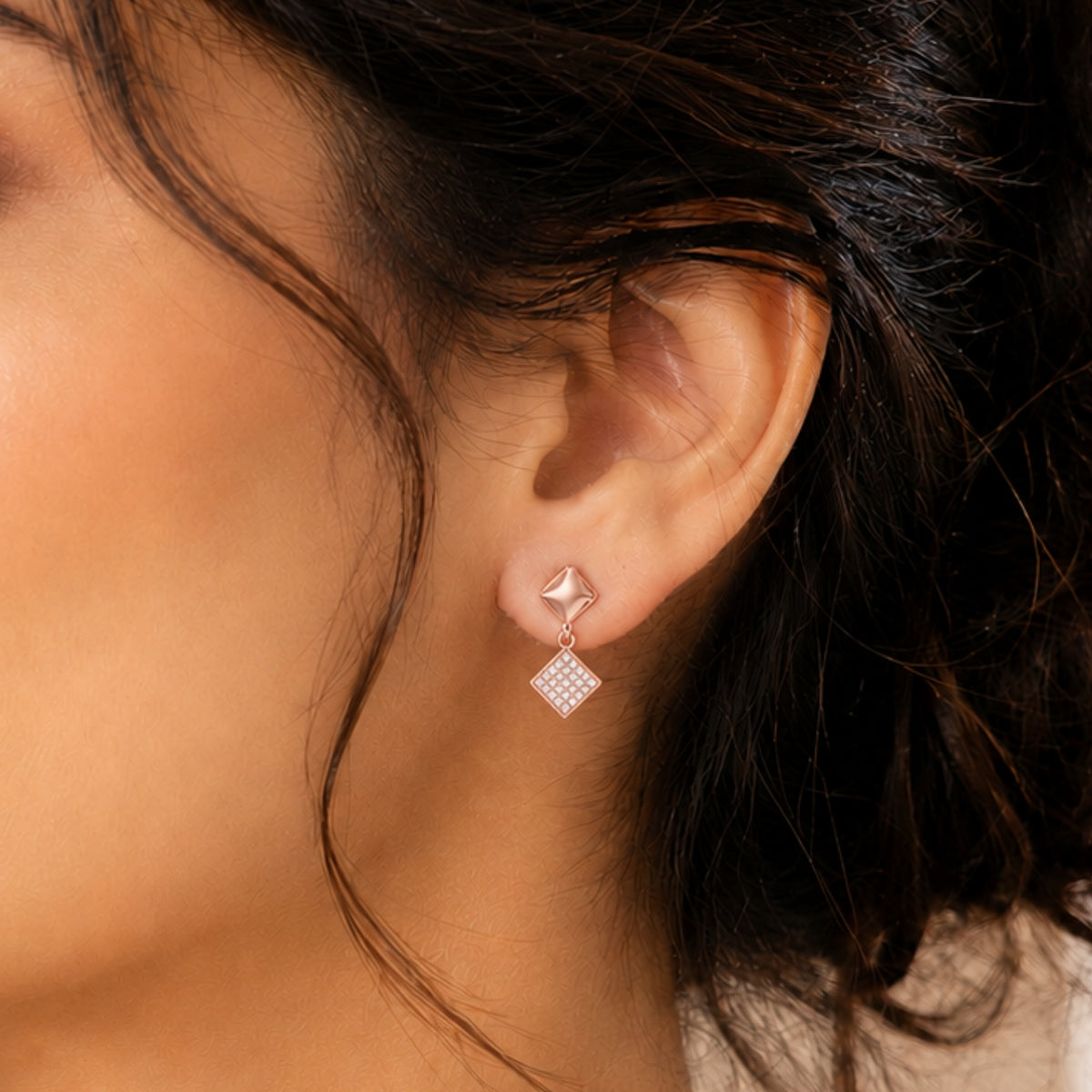 Veyra Geometric Diamond Rose Gold Plated Drop Earrings