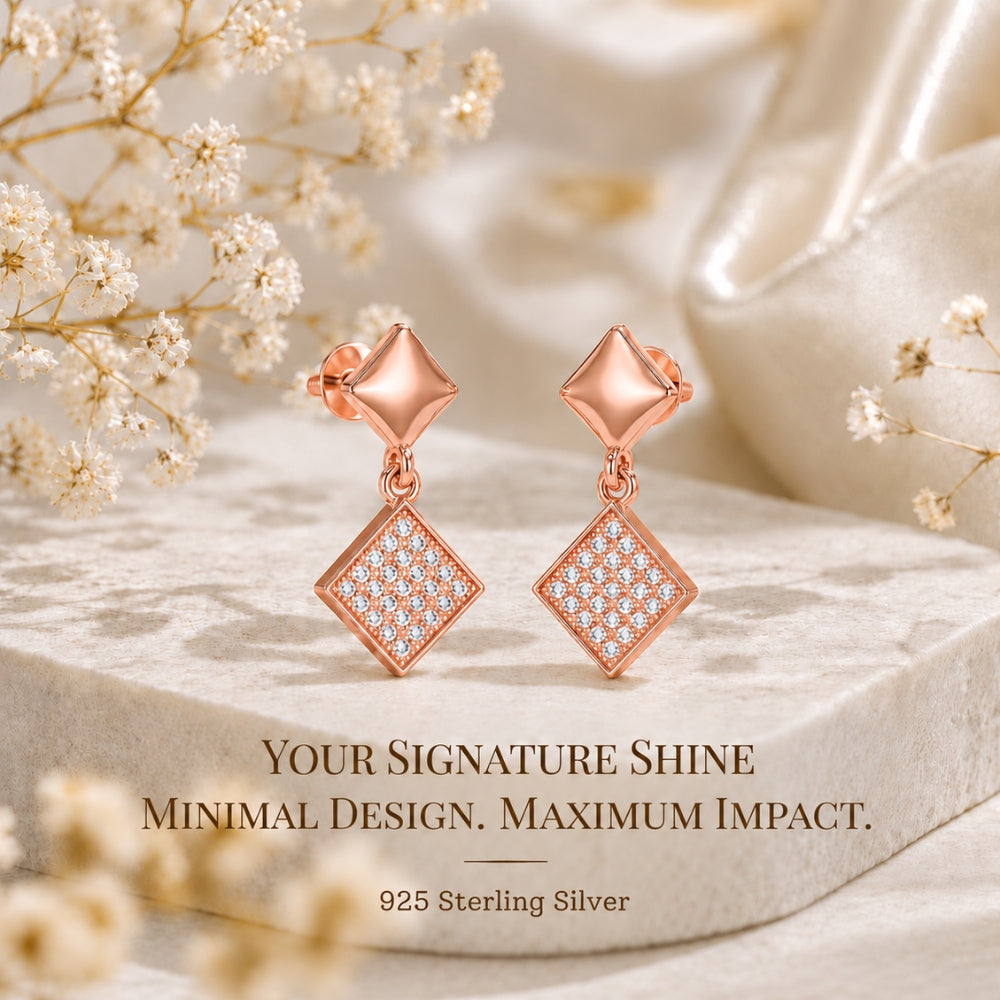 Veyra Geometric Diamond Rose Gold Plated Drop Earrings
