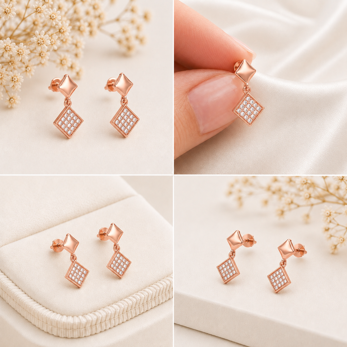 Veyra Geometric Diamond Rose Gold Plated Drop Earrings