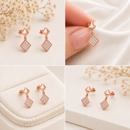 Veyra Geometric Diamond Rose Gold Plated Drop Earrings