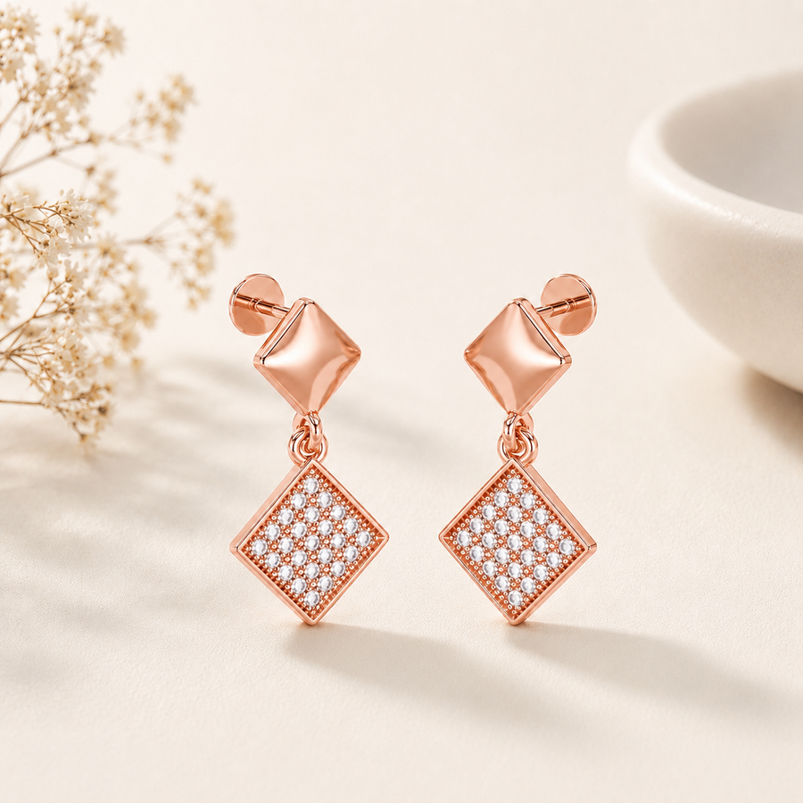 Veyra Geometric Diamond Rose Gold Plated Drop Earrings