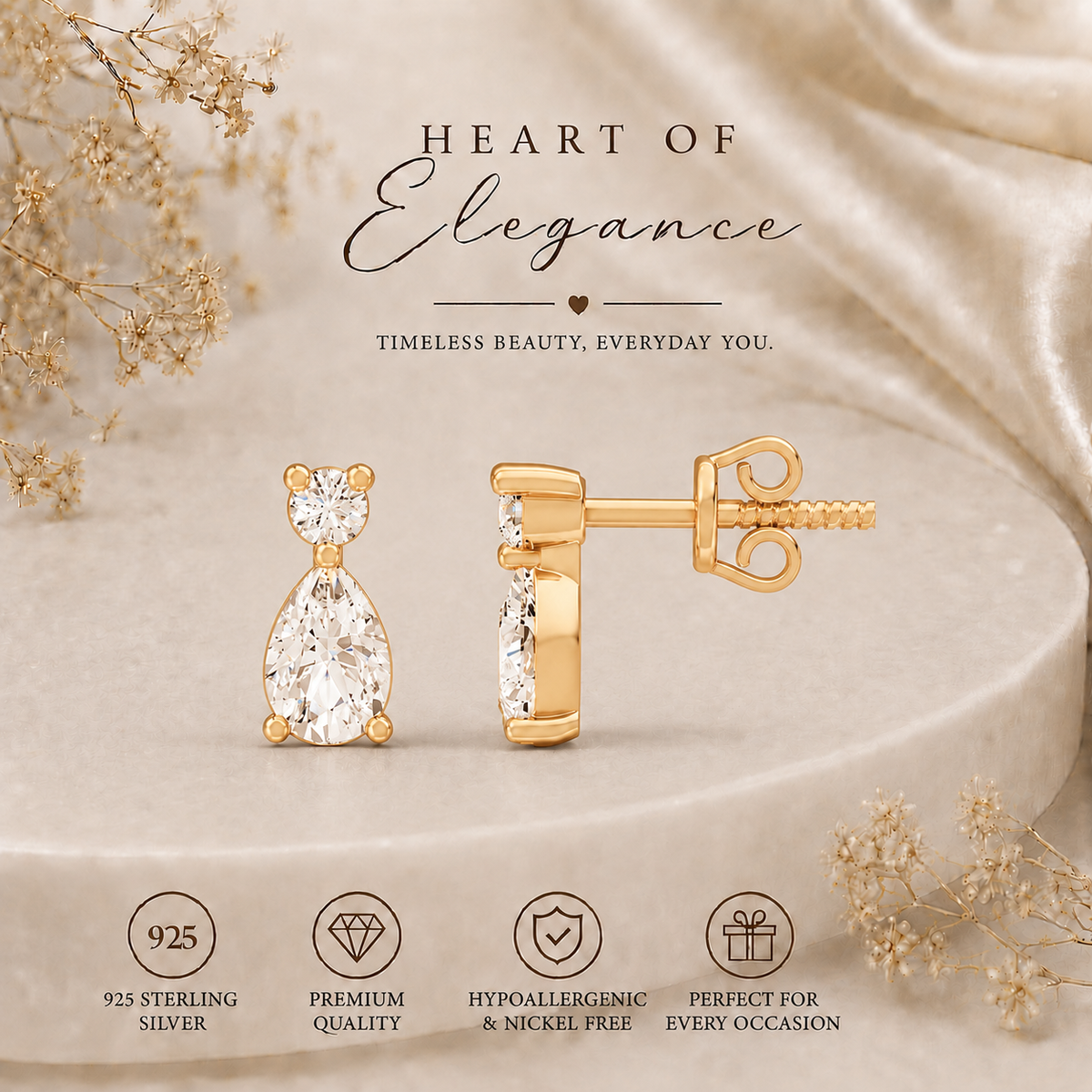 Elara Duo Drop Gold Plated 925 Sterling Silver Studs
